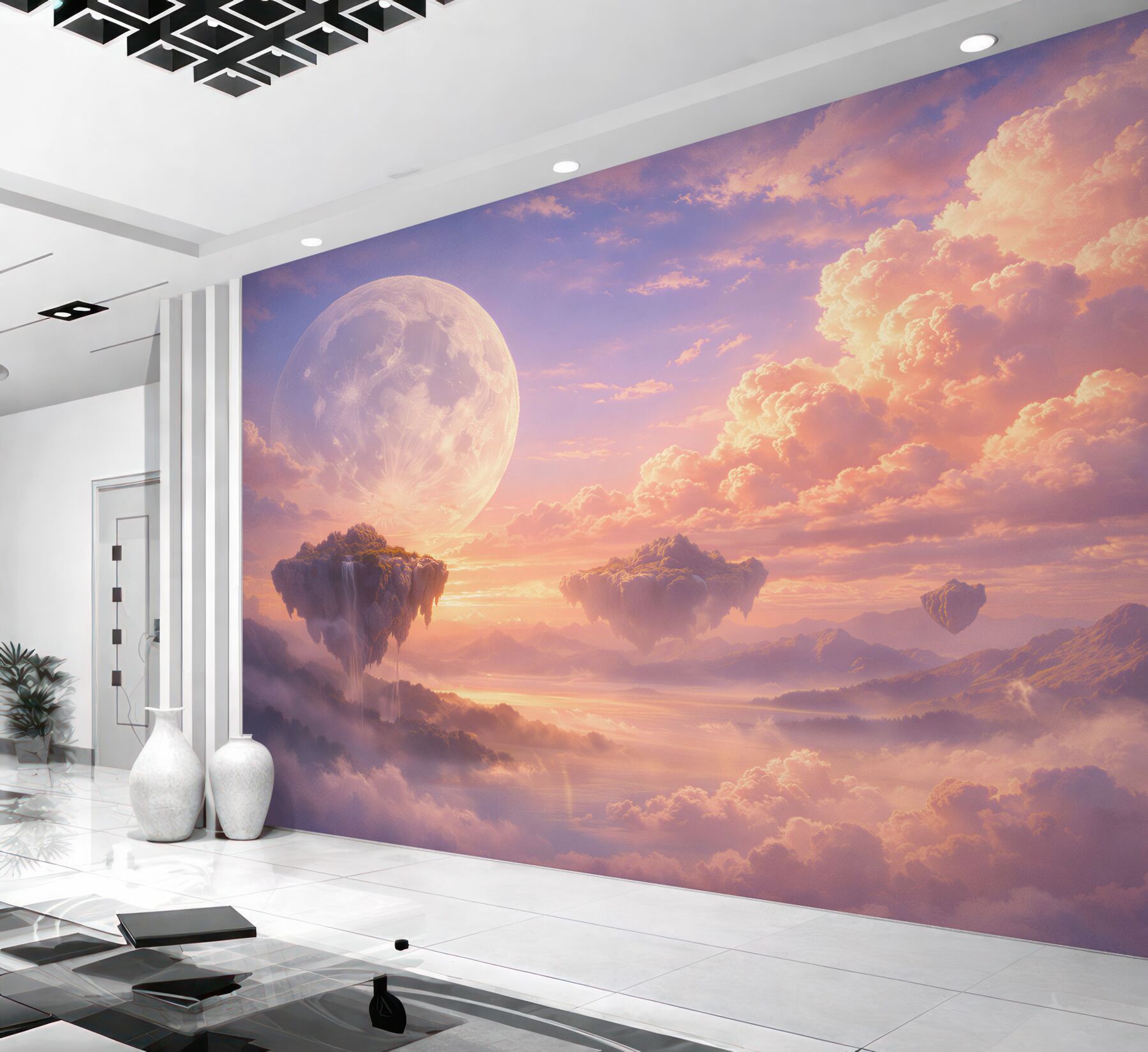 Fototapeten Märchenhafte Inseln in rosa Wolken