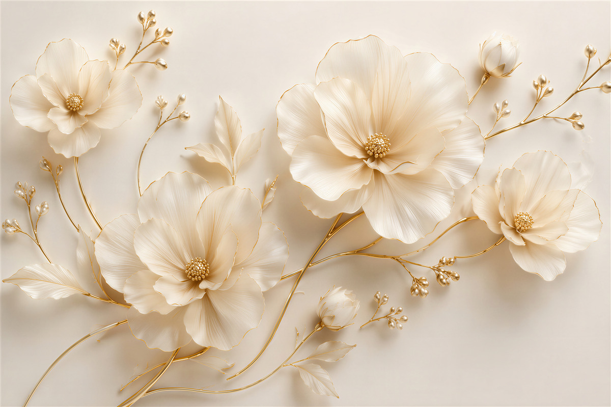 Fototapeten Cremefarbene Blumen mit goldener Linie