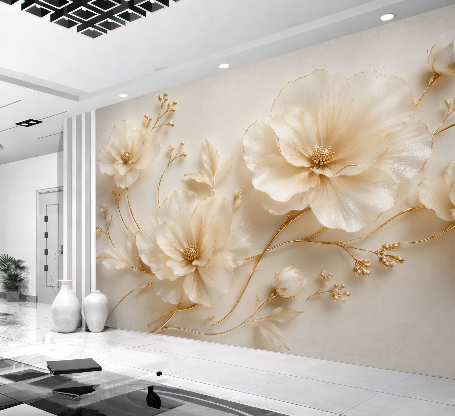 Fototapeten Cremefarbene Blumen mit goldener Linie