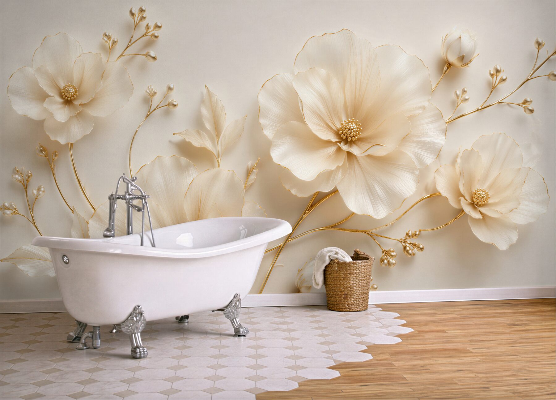 Fototapeten Cremefarbene Blumen mit goldener Linie
