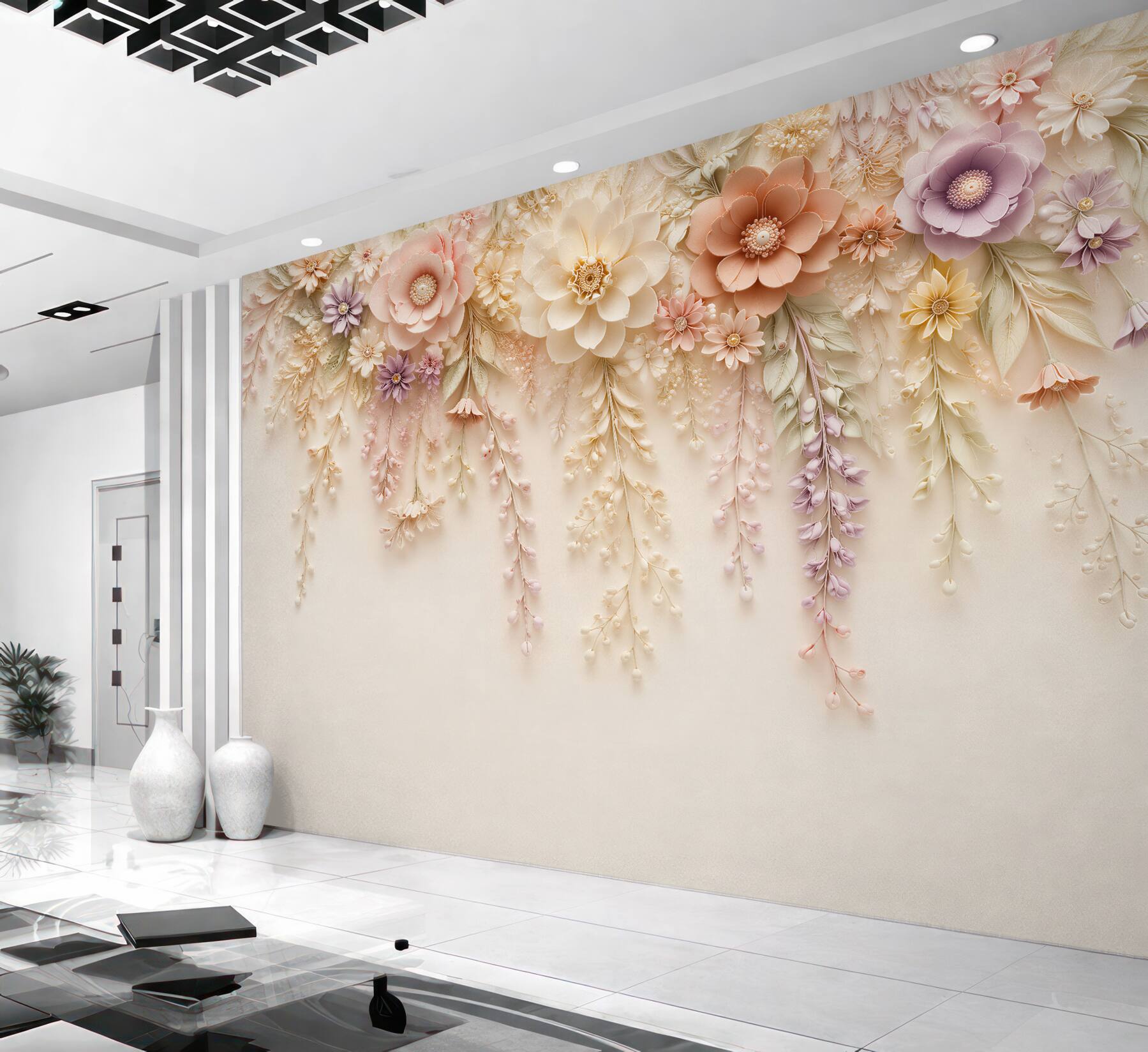 Fototapeten Blumenkaskade im cremefarbenen Relief