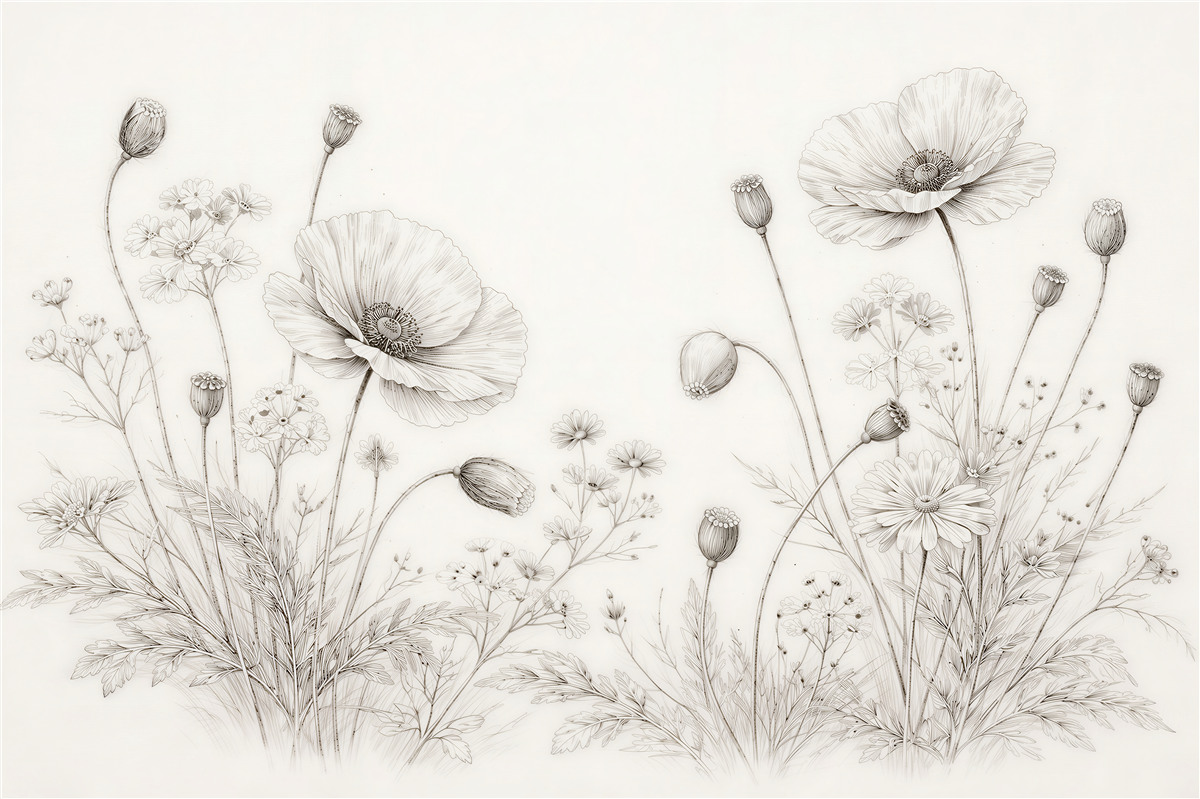 Fototapeten Zarte Skizze von Wildblumen