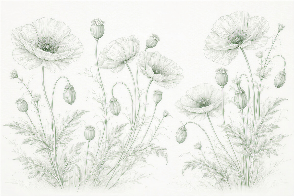 Fototapeten Zarte Mohnblumen in pastelliger Linienführung
