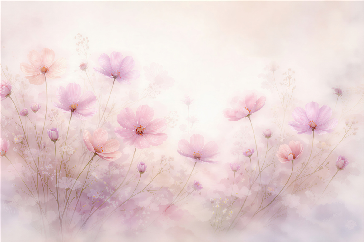 Fototapeten Pastellfarbene Wiese mit rosa Blumen