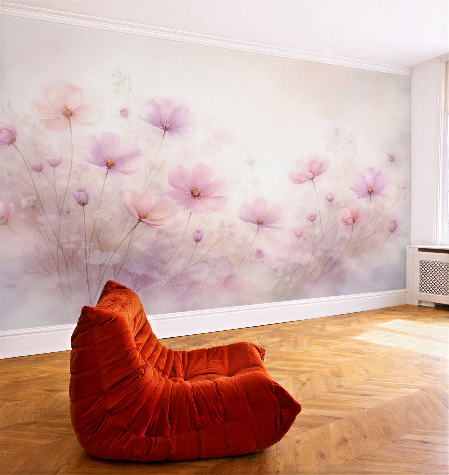 Fototapeten Pastellfarbene Wiese mit rosa Blumen