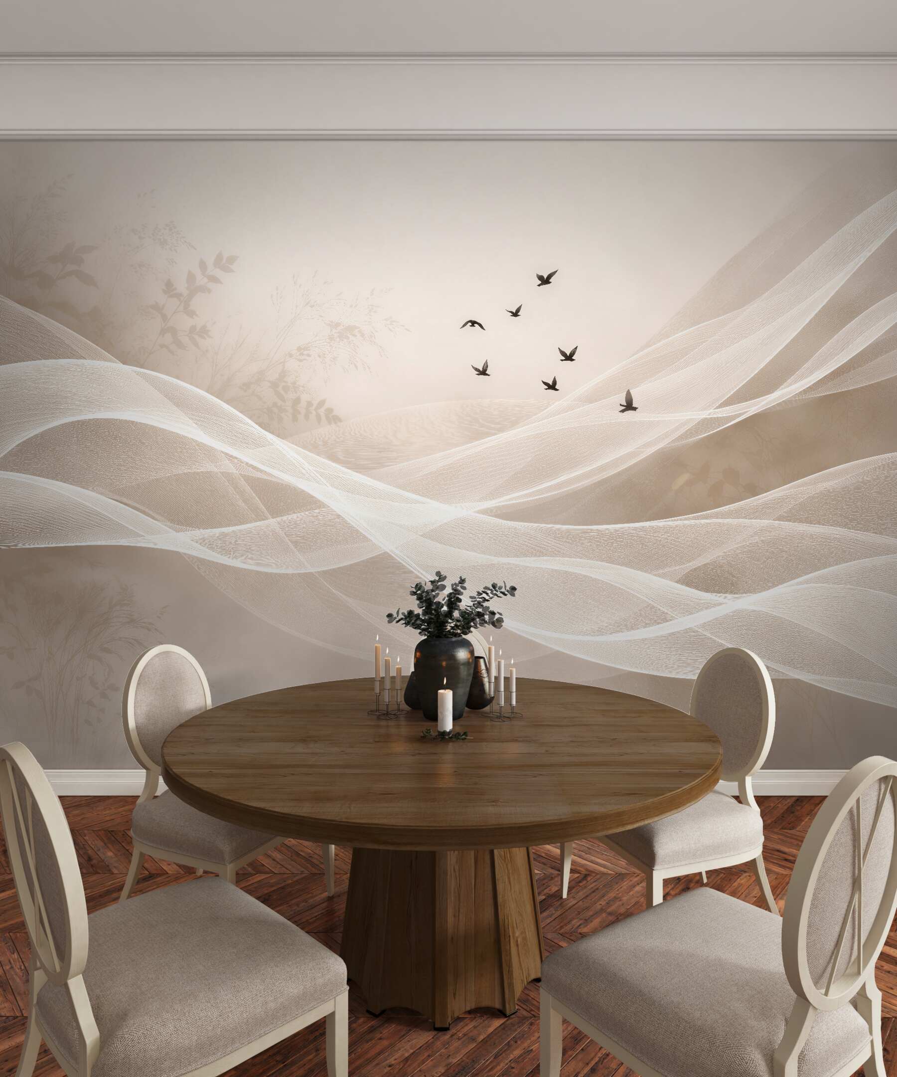 Fototapeten Beige Wellen mit Vögeln