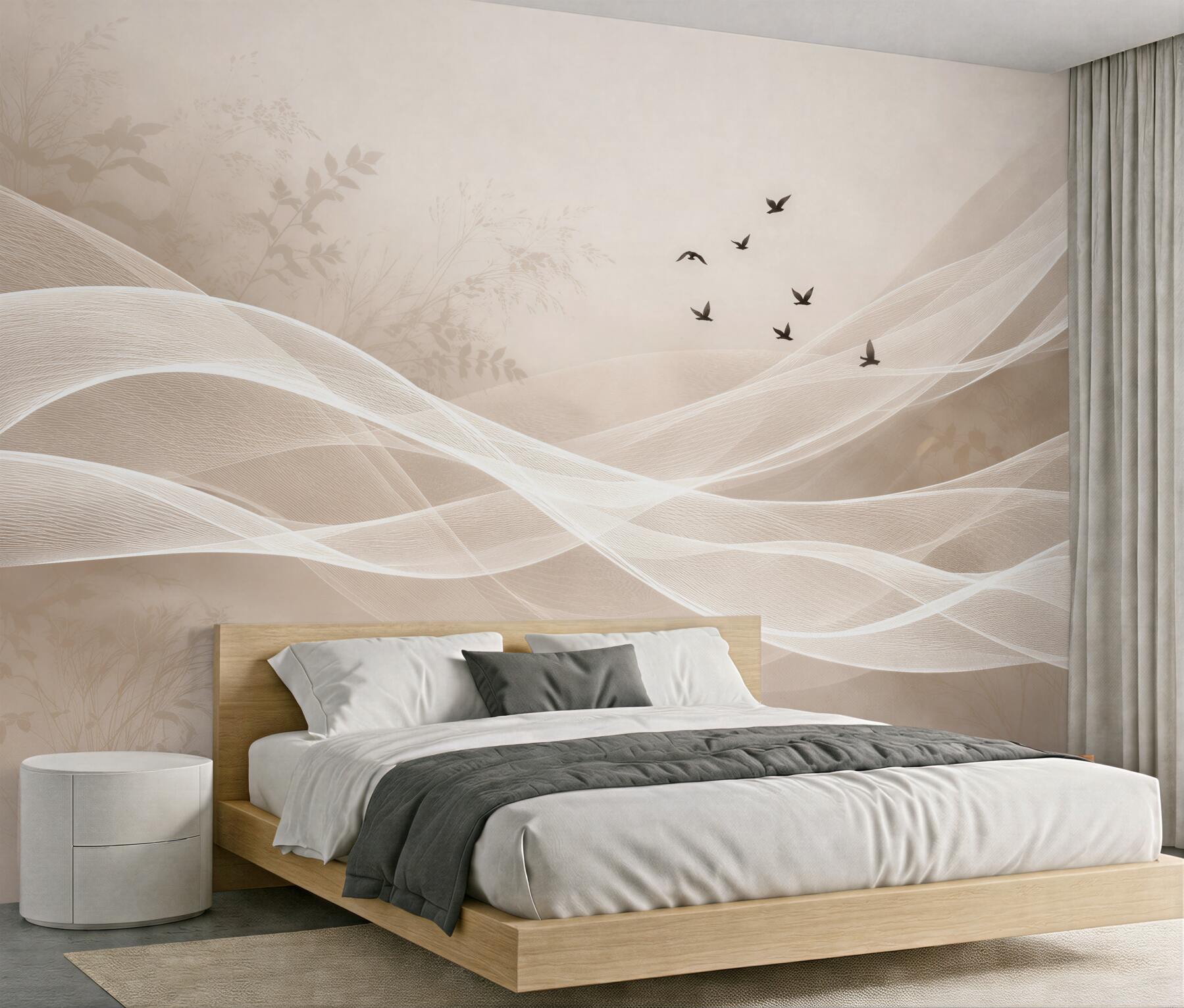 Fototapeten Beige Wellen mit Vögeln
