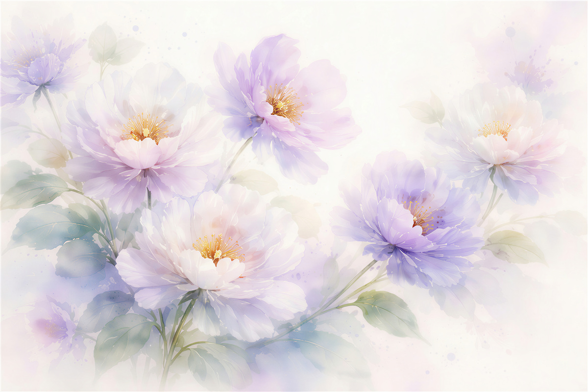 Fototapeten Aquarellartige lilafarbene Pfingstrosen