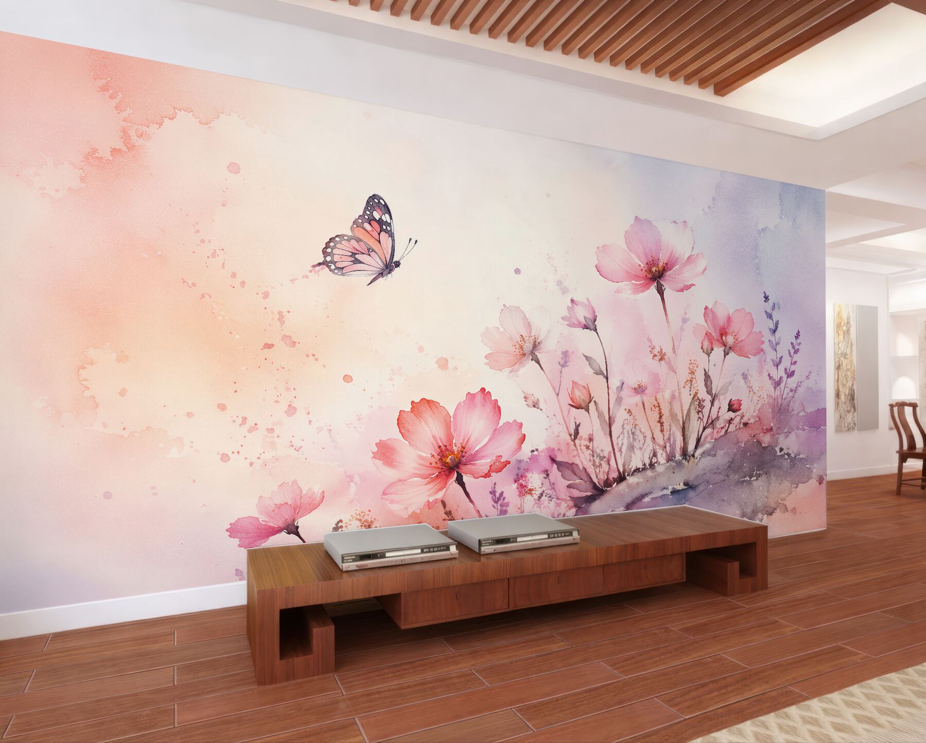 Fototapeten Aquarellblumen mit Schmetterling