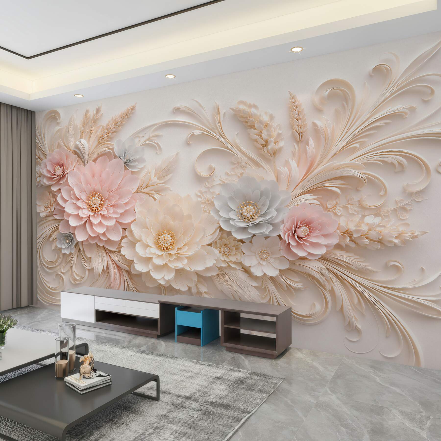 Fototapeten Puderfarbene Blumen im goldenen Relief