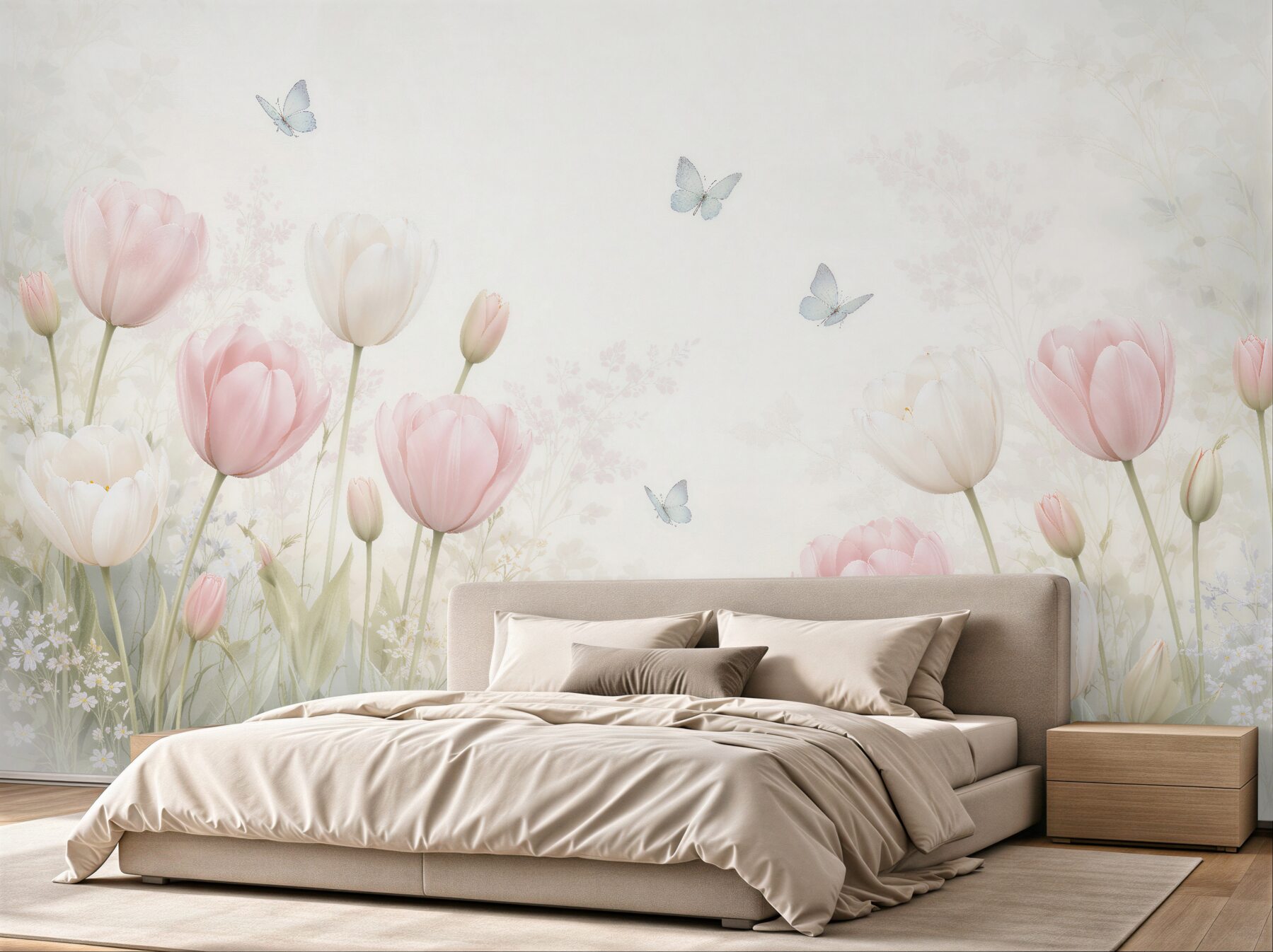 Fototapeten Pastellige Tulpen mit Schmetterlingen