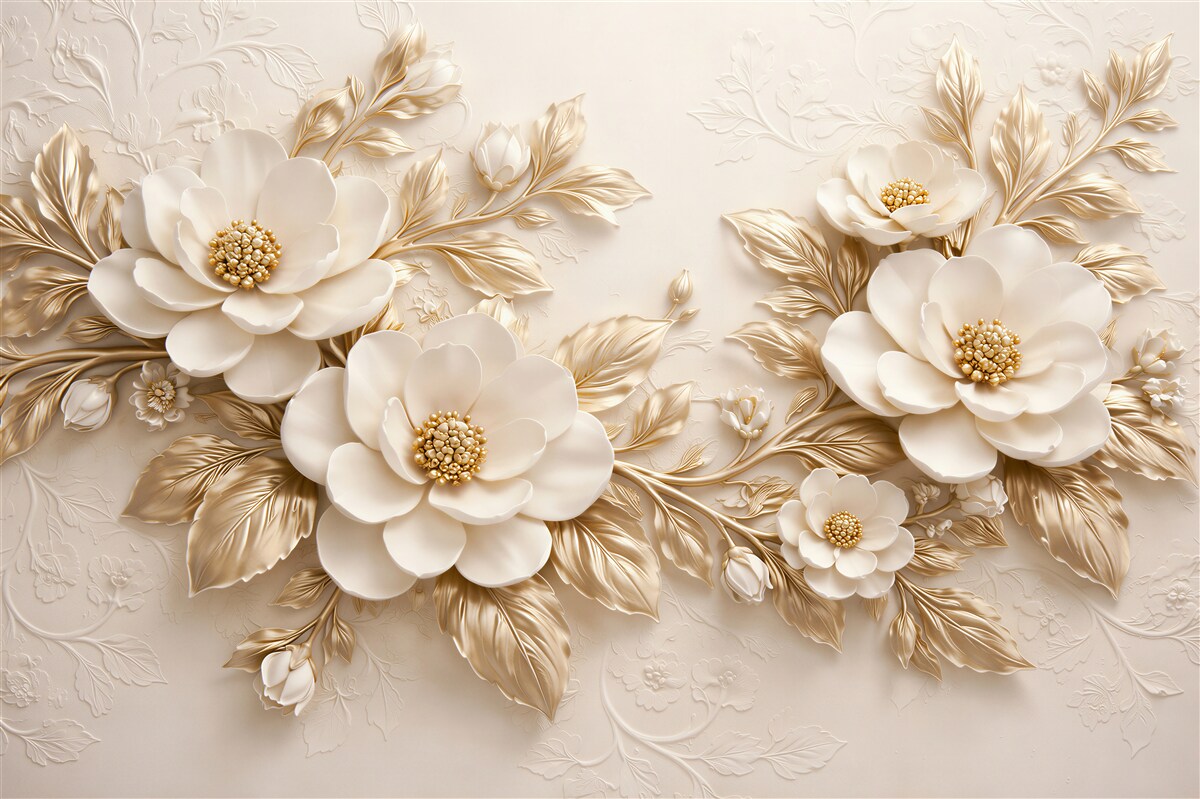 Fototapeten Goldene Blumen in elegantem Relief