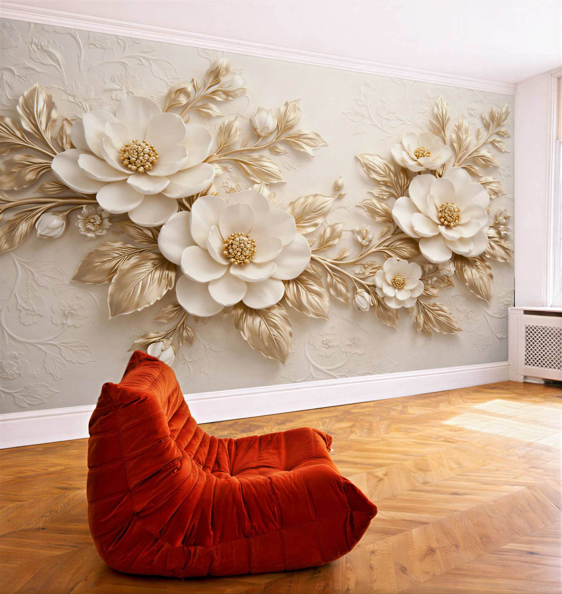 Fototapeten Goldene Blumen in elegantem Relief
