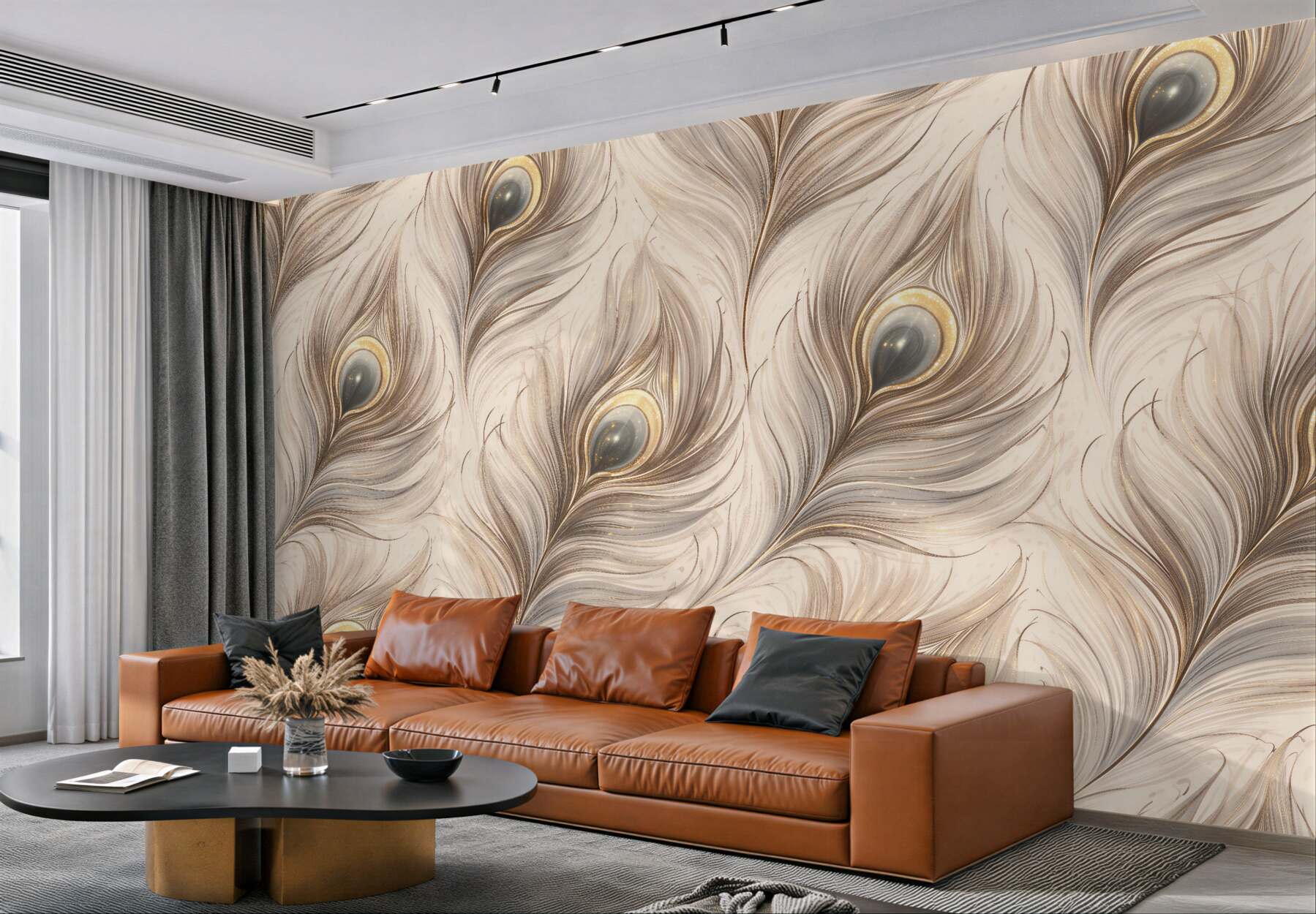 Fototapeten Subtile Pfauenfedern in Beige