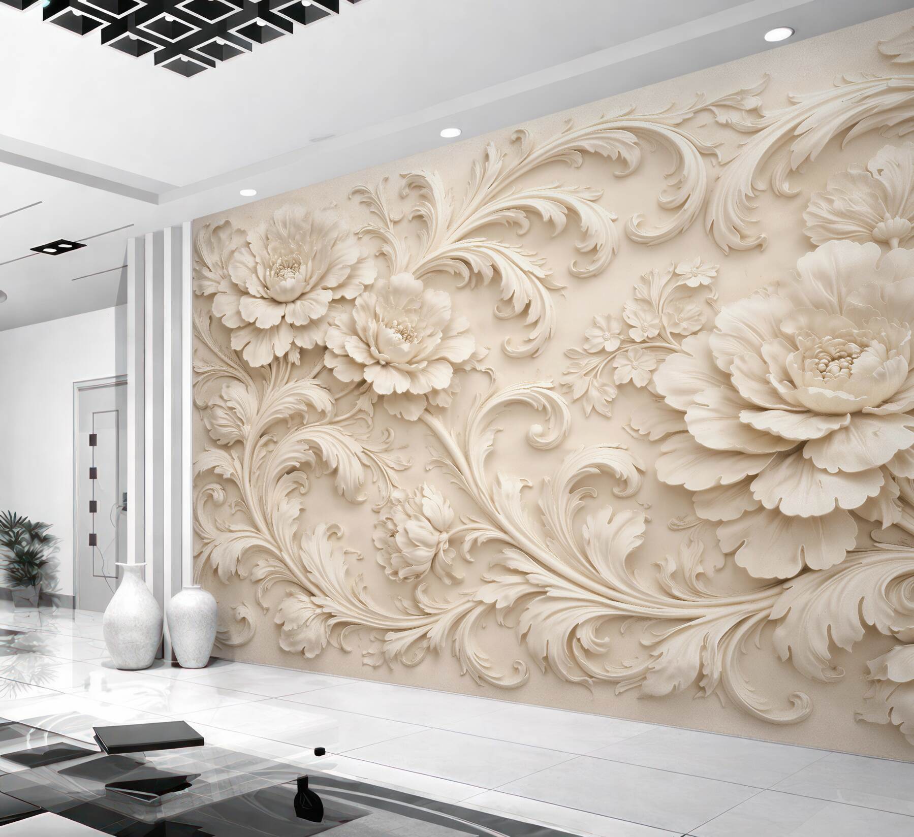 Fototapeten Cremige Pfingstrosen in 3D-Ornamenten