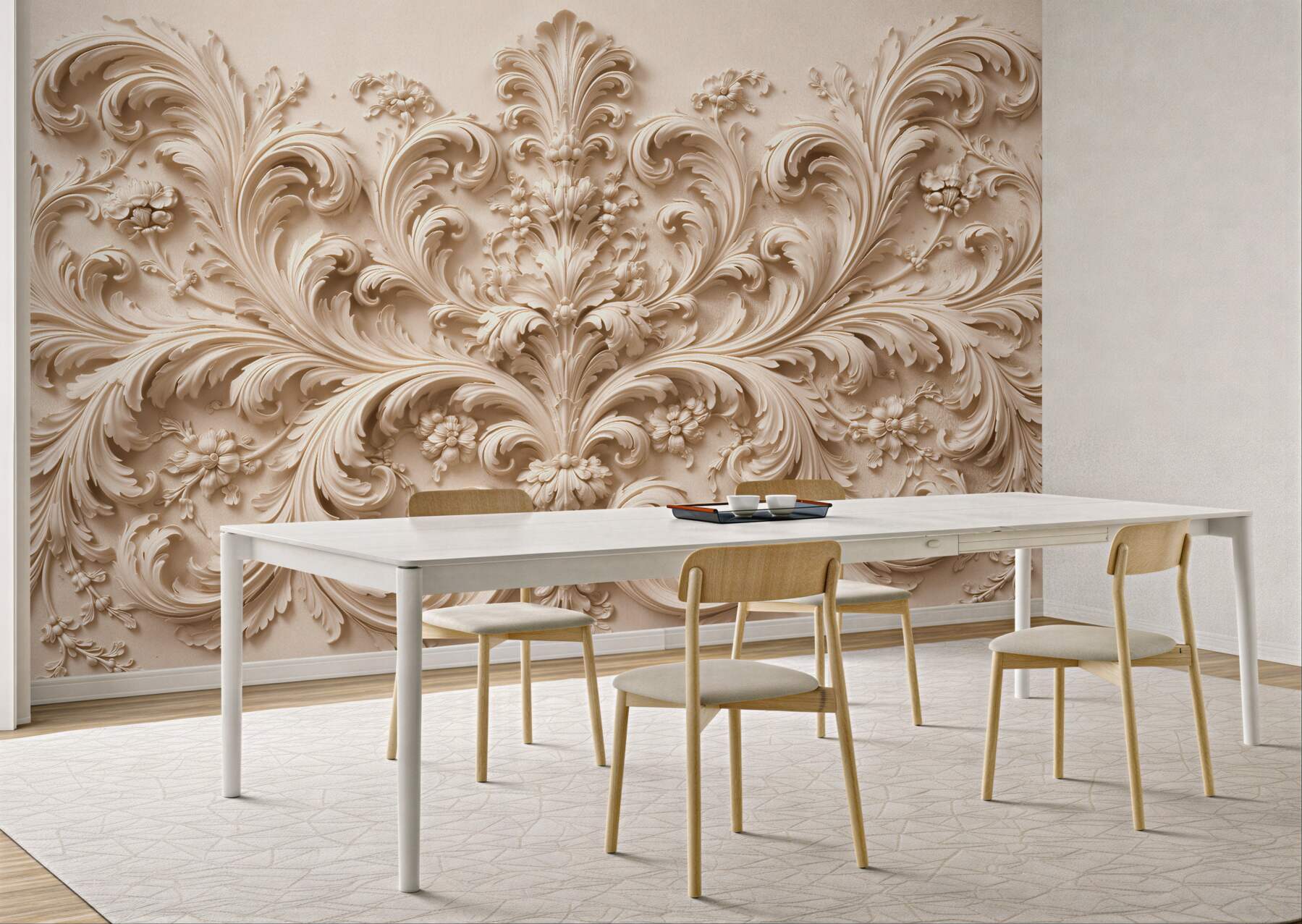 Fototapeten Barockes Ornament im cremefarbenen Relief