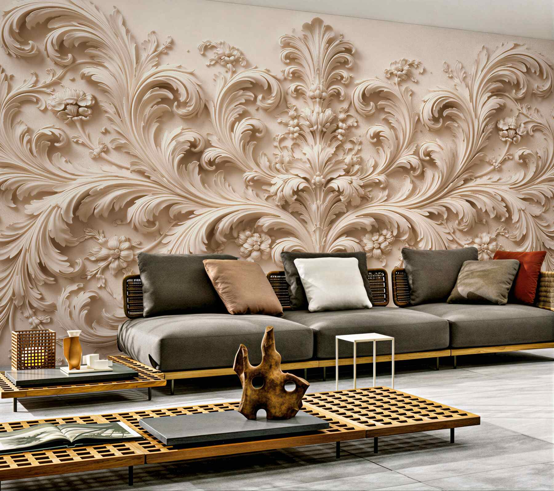 Fototapeten Barockes Ornament im cremefarbenen Relief