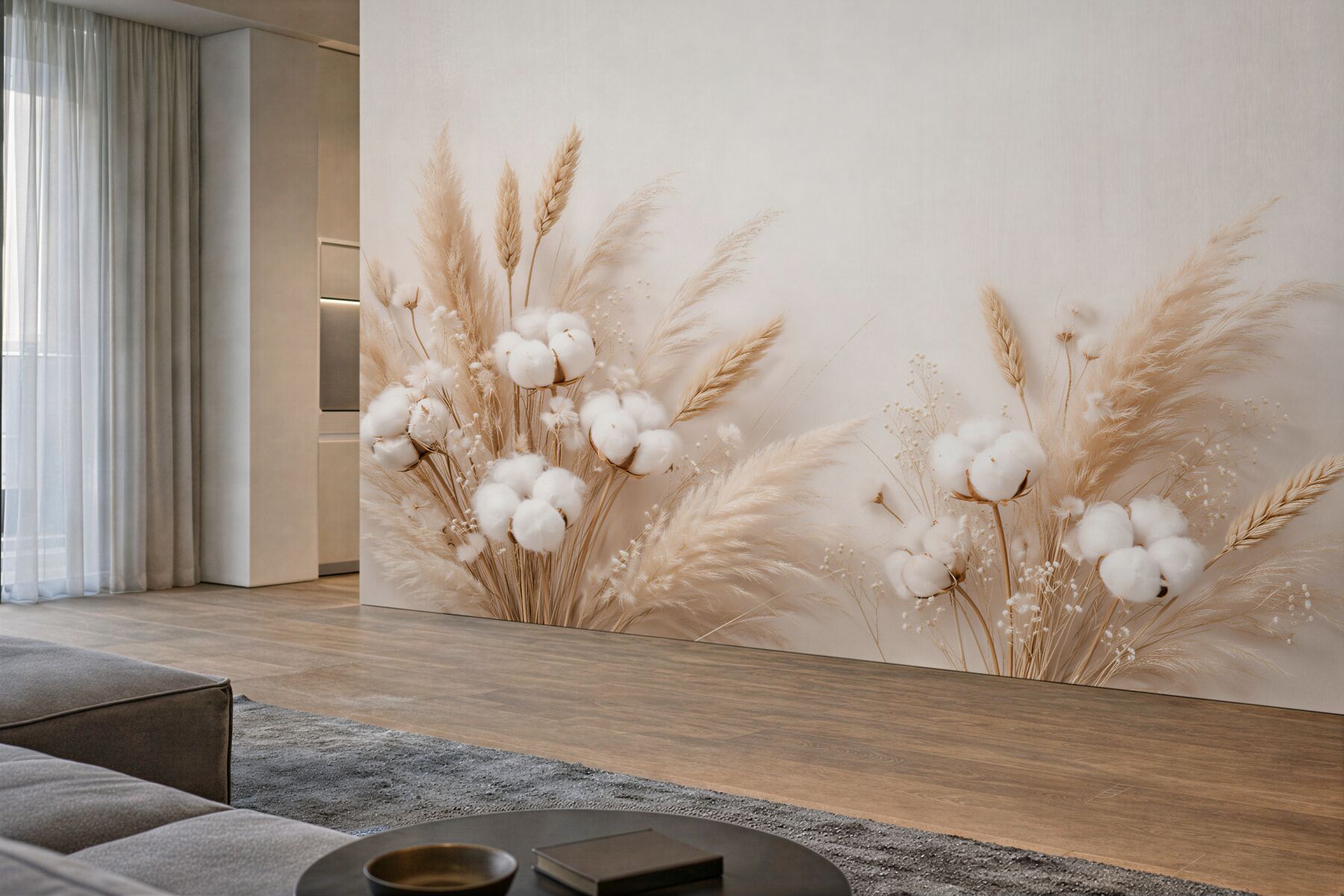 Fototapeten Beige Gräser und baumwollene Zartheit