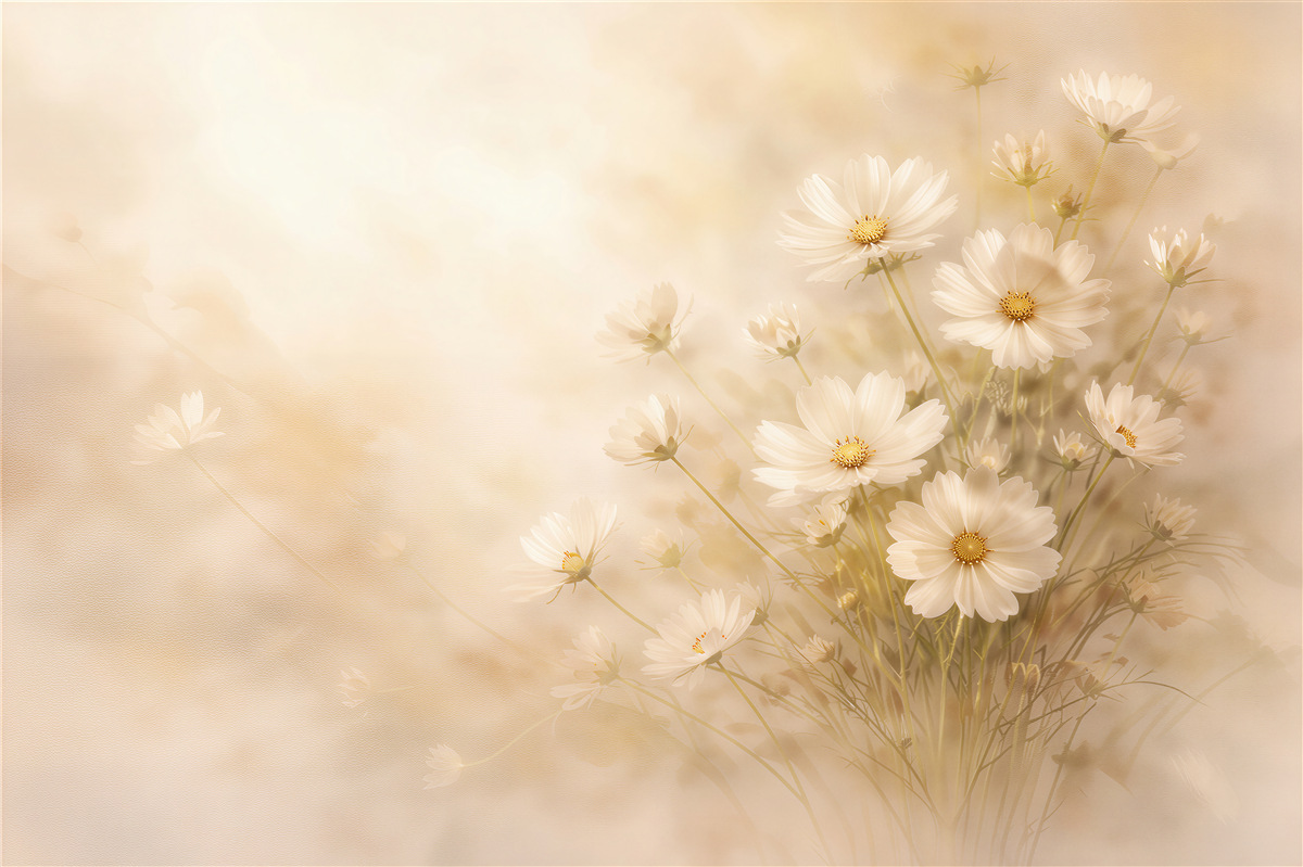 Fototapeten Cremige Blumen im leuchtenden Nebelschleier