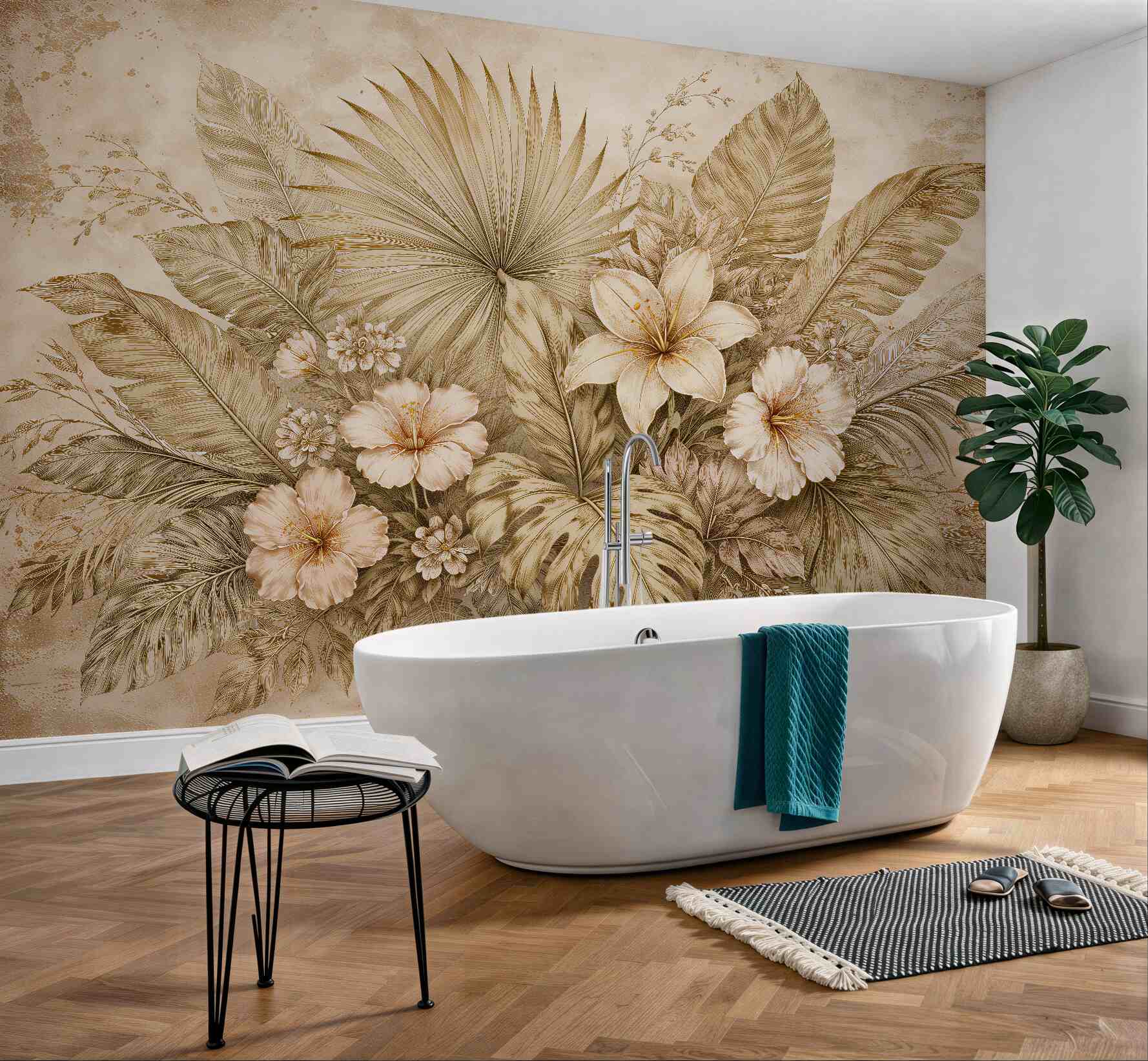 Fototapeten Goldene tropische Blätter und Blumen