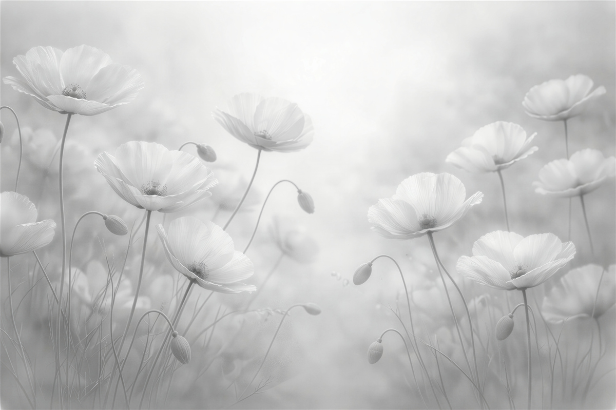 Fototapeten Weiße Mohnblumen im Nebel