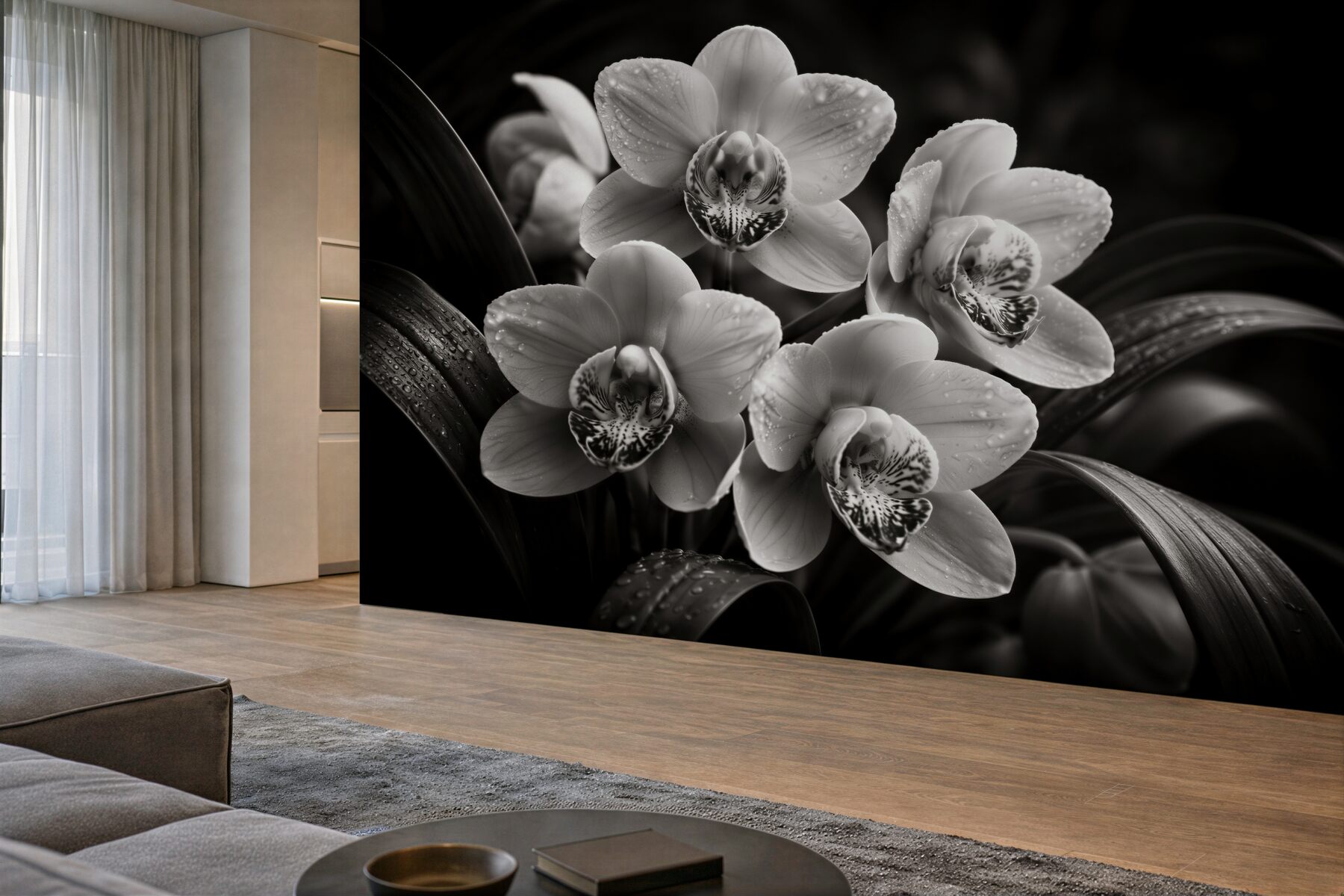 Fototapeten Schwarz-weiße Orchideen mit Tropfen