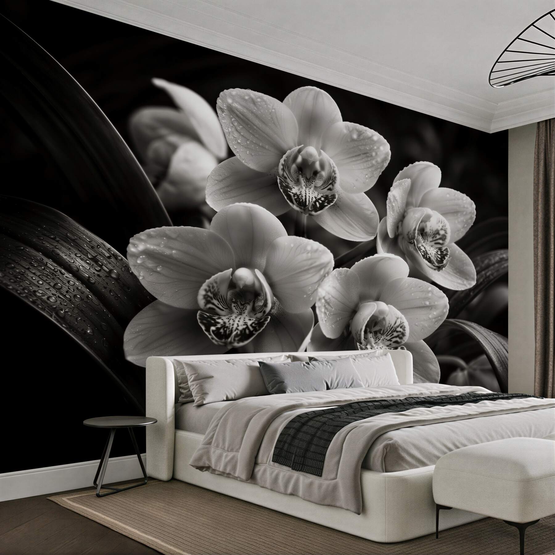 Fototapeten Schwarz-weiße Orchideen mit Tropfen