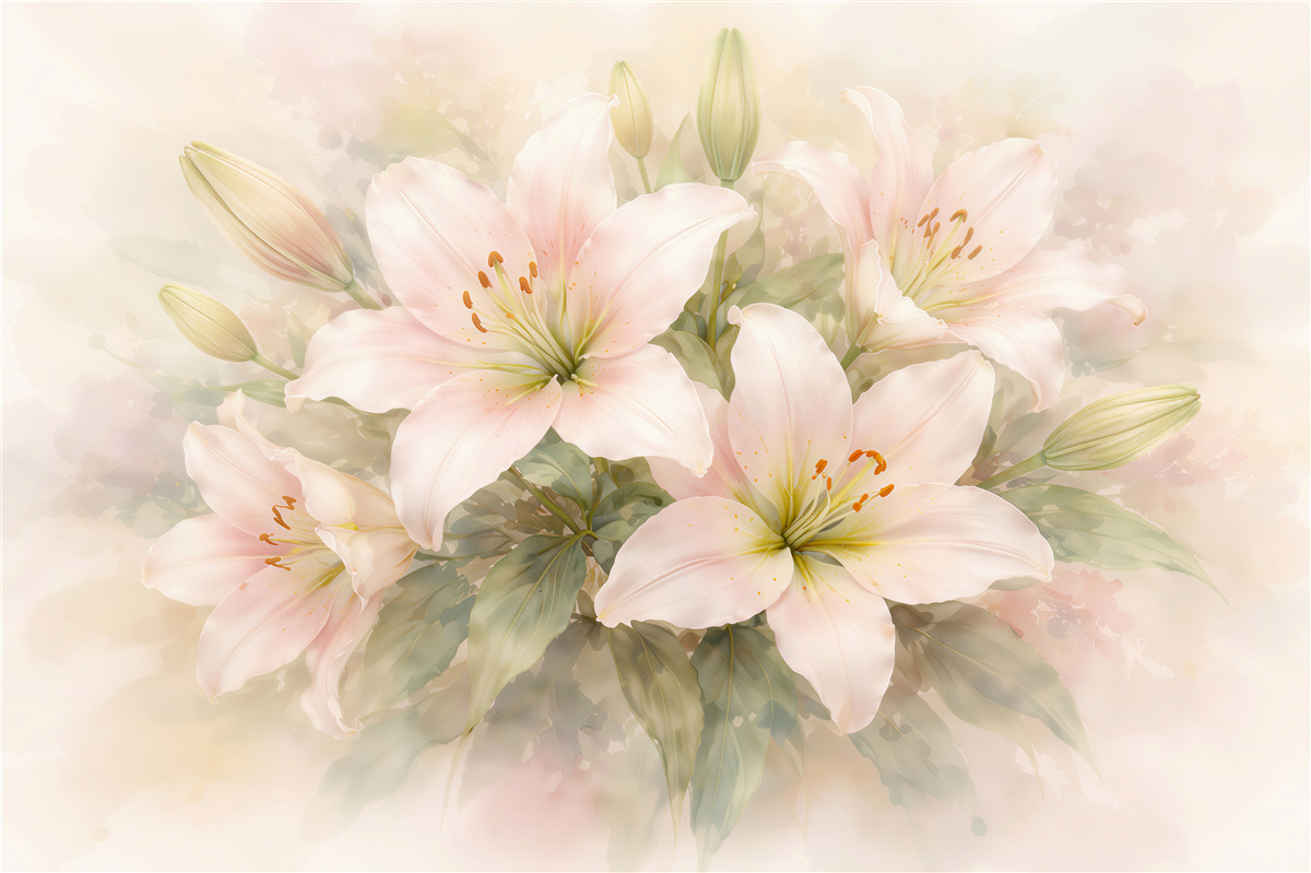 Fototapeten Puderfarbene Lilien in einem romantischen Bouquet