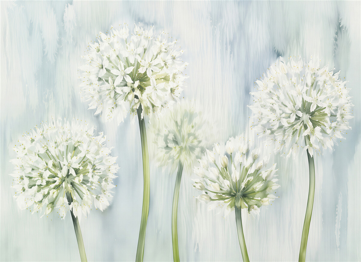 Fototapeten Weiße Blumen in blauer Aquarellmalerei