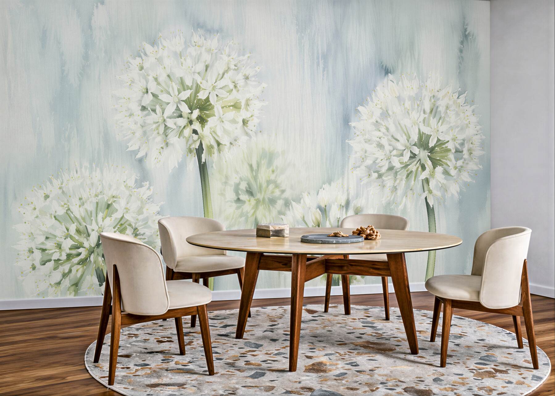 Fototapeten Weiße Blumen in blauer Aquarellmalerei