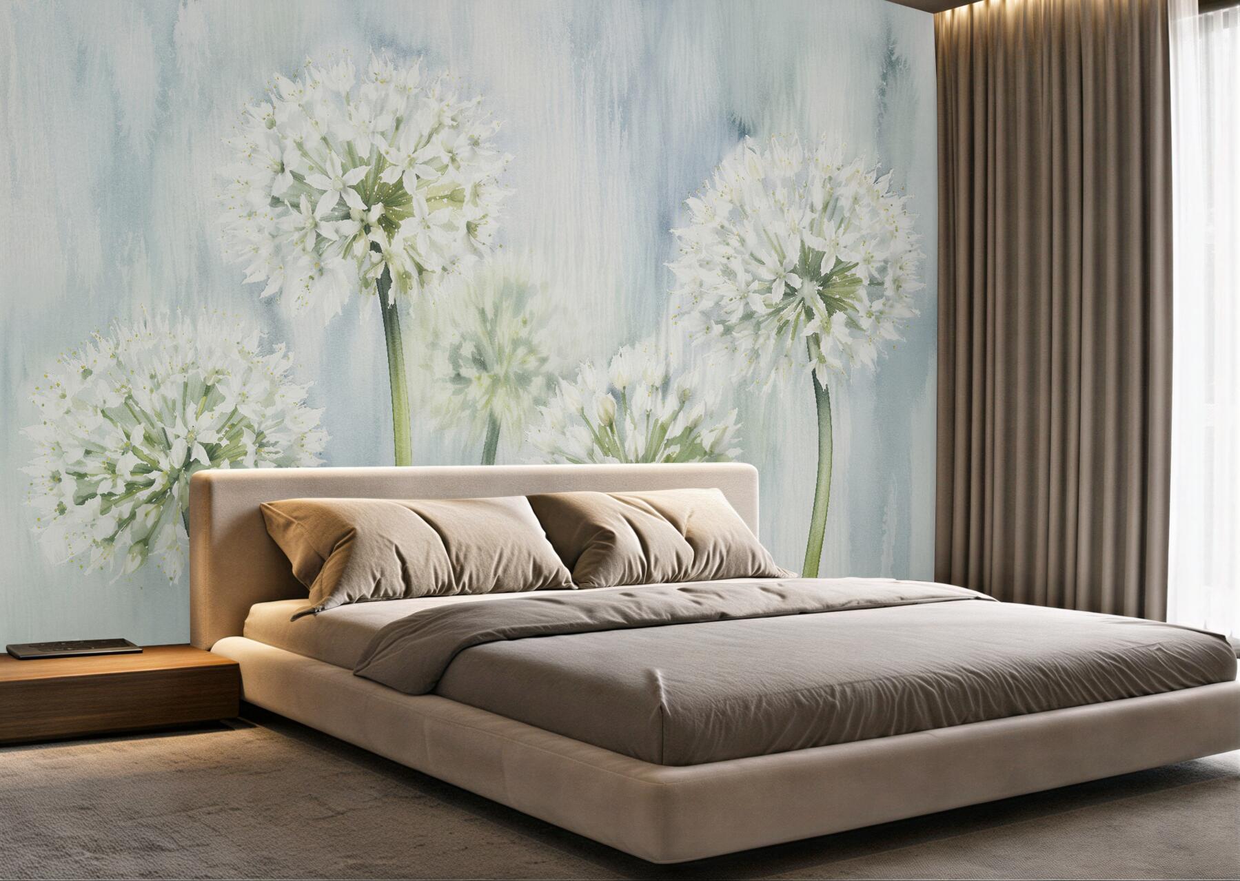 Fototapeten Weiße Blumen in blauer Aquarellmalerei