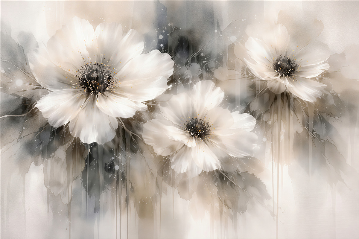 Fototapeten Elegante weiße Blumen in Sepia