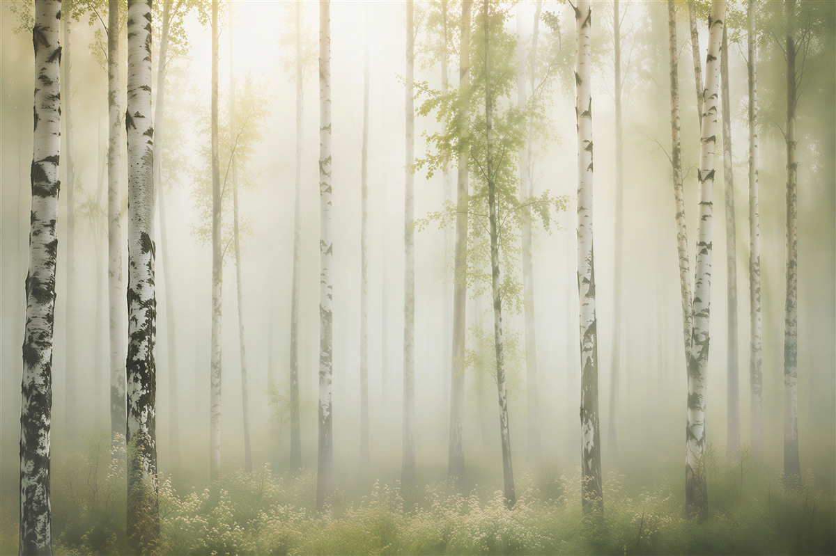 Fototapeten Birkenwald im Morgennebel
