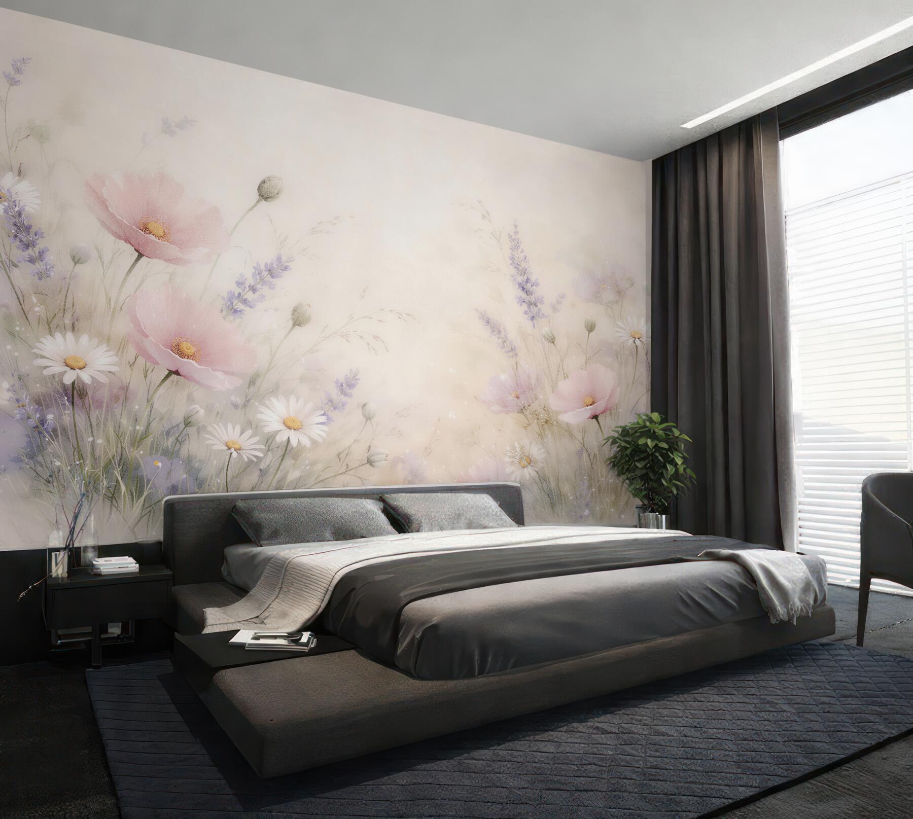 Fototapeten Pastellwiese mit Mohn und Lavendel