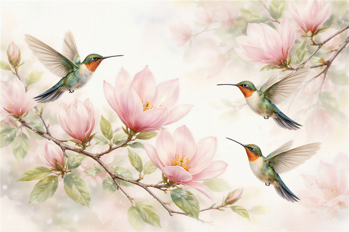 Fototapeten Kolibris zwischen rosa Magnolien