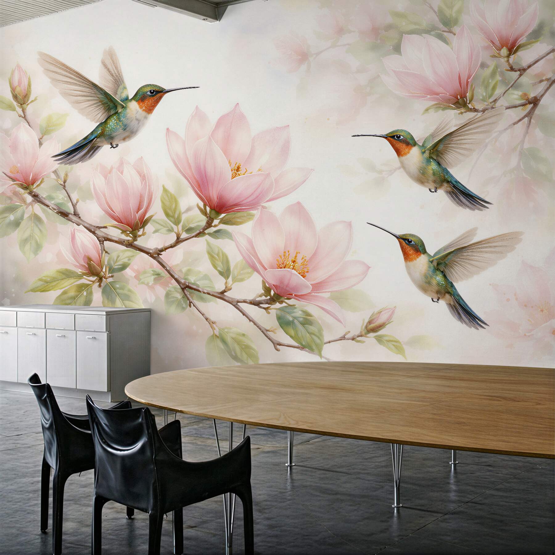 Fototapeten Kolibris zwischen rosa Magnolien