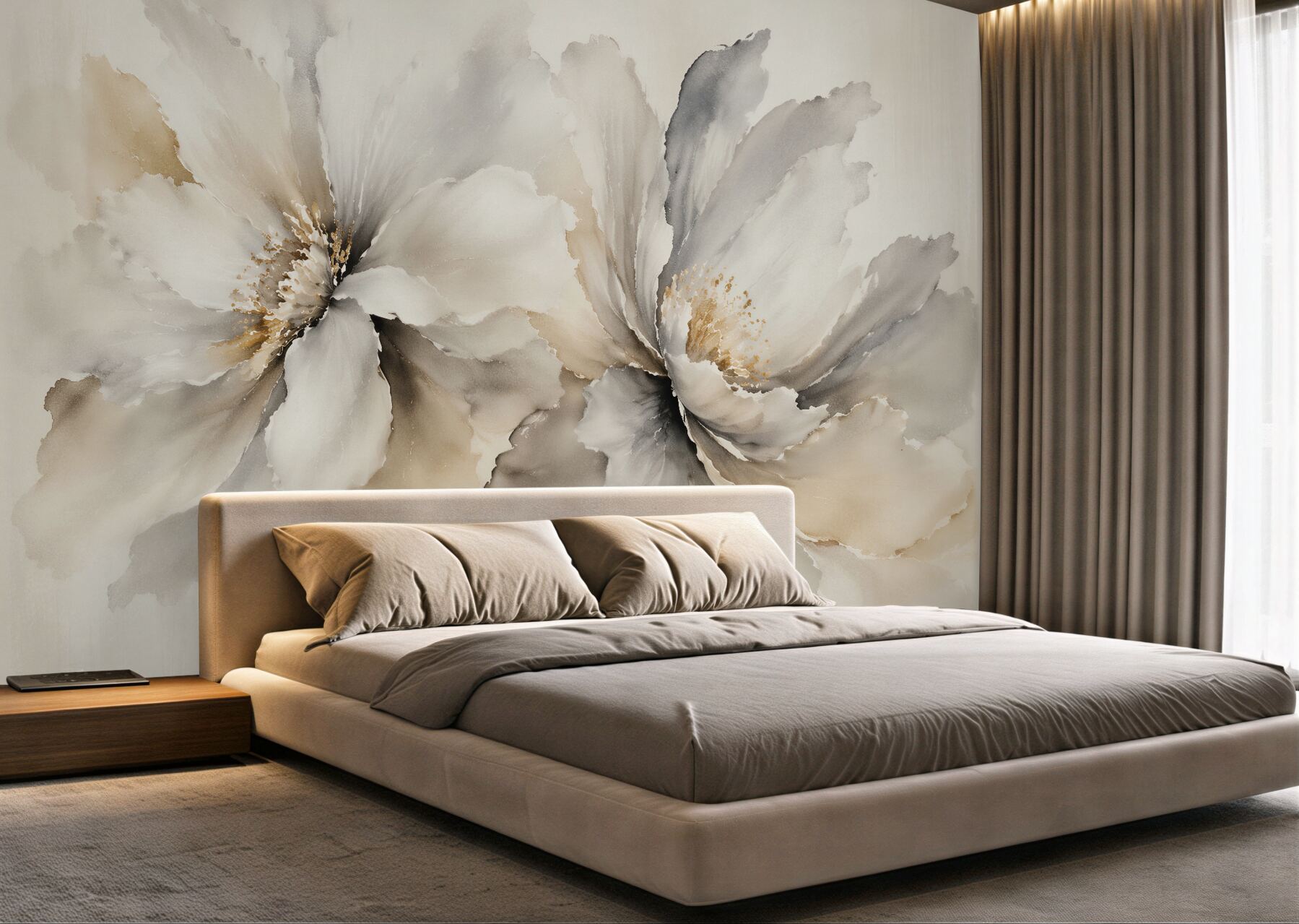 Fototapeten Cremefarbene Blumen in Aquarell-Eleganz
