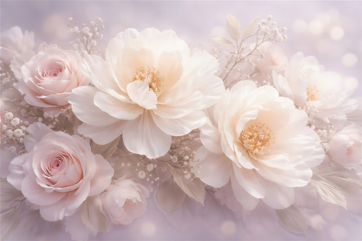 Fototapeten Puderfarbene Pfingstrosen und Rosen