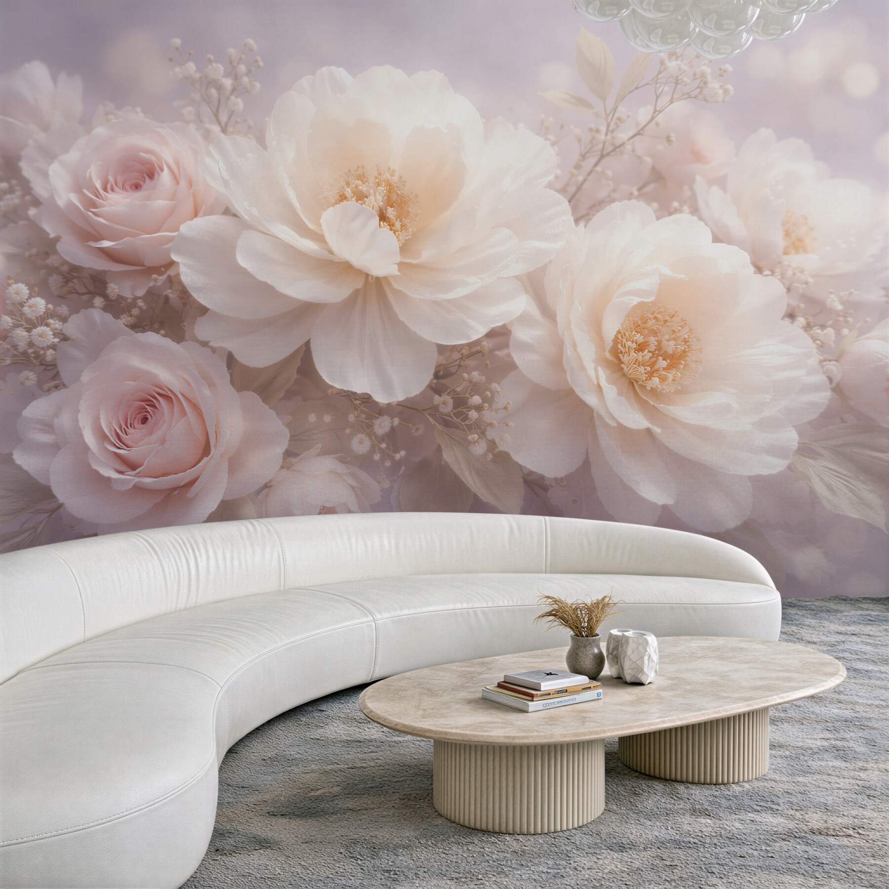 Fototapeten Puderfarbene Pfingstrosen und Rosen