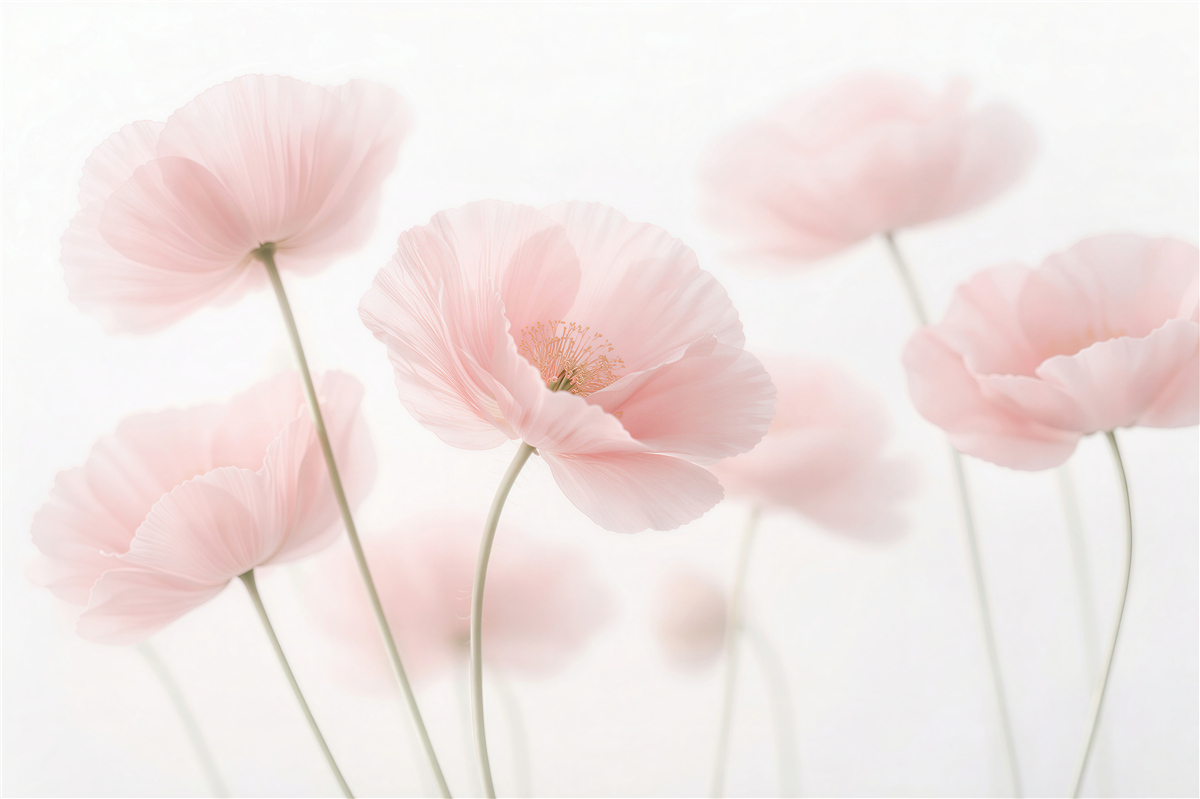 Fototapeten Puderfarbene Mohnblumen im Nebel
