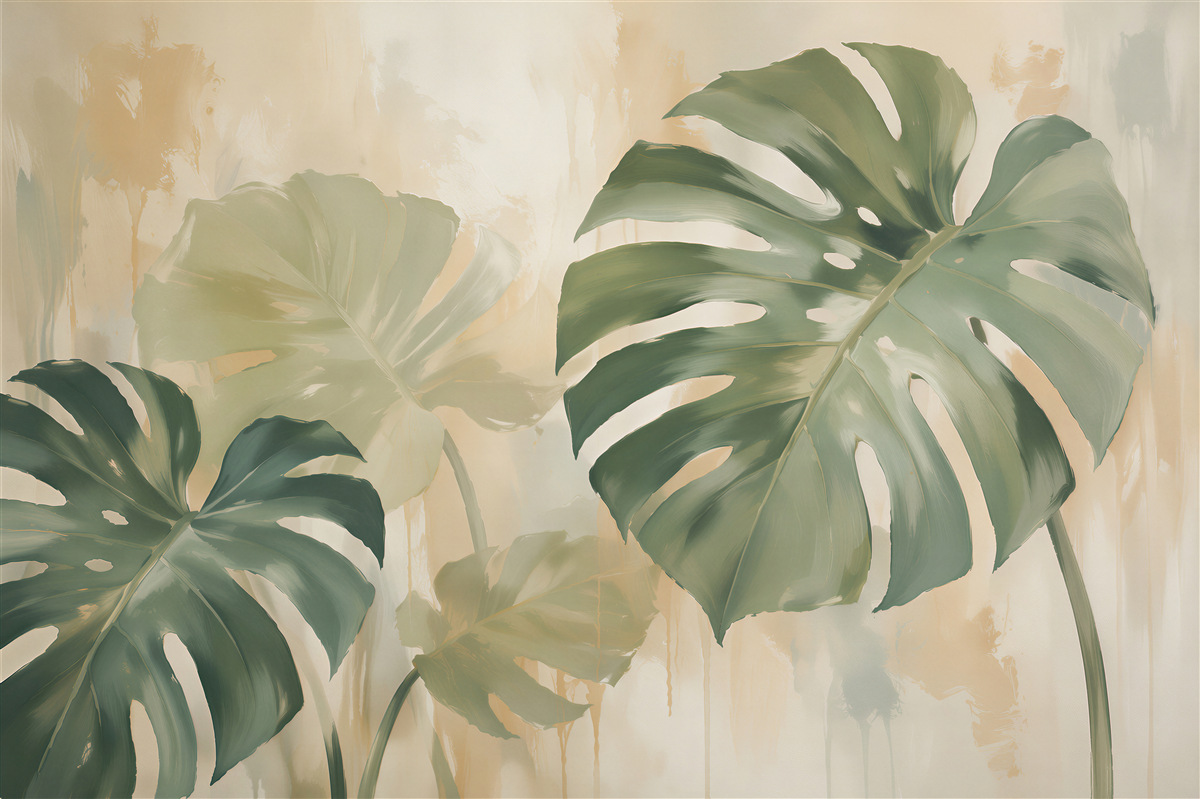 Fototapeten Pastellfarbene Monstera-Blätter