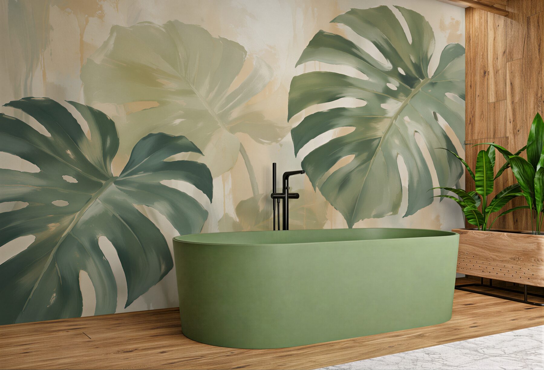Fototapeten Pastellfarbene Monstera-Blätter