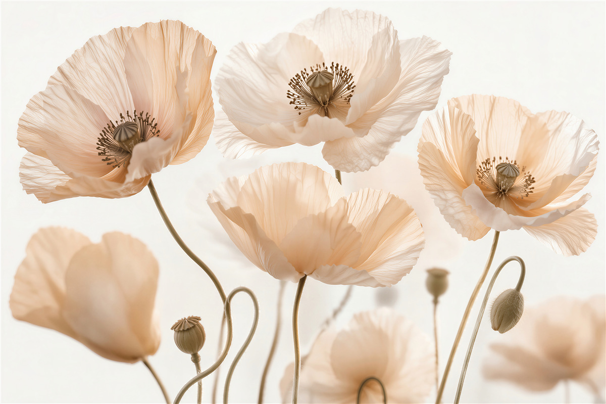 Fototapeten Luftige Mohnblumen in Beige