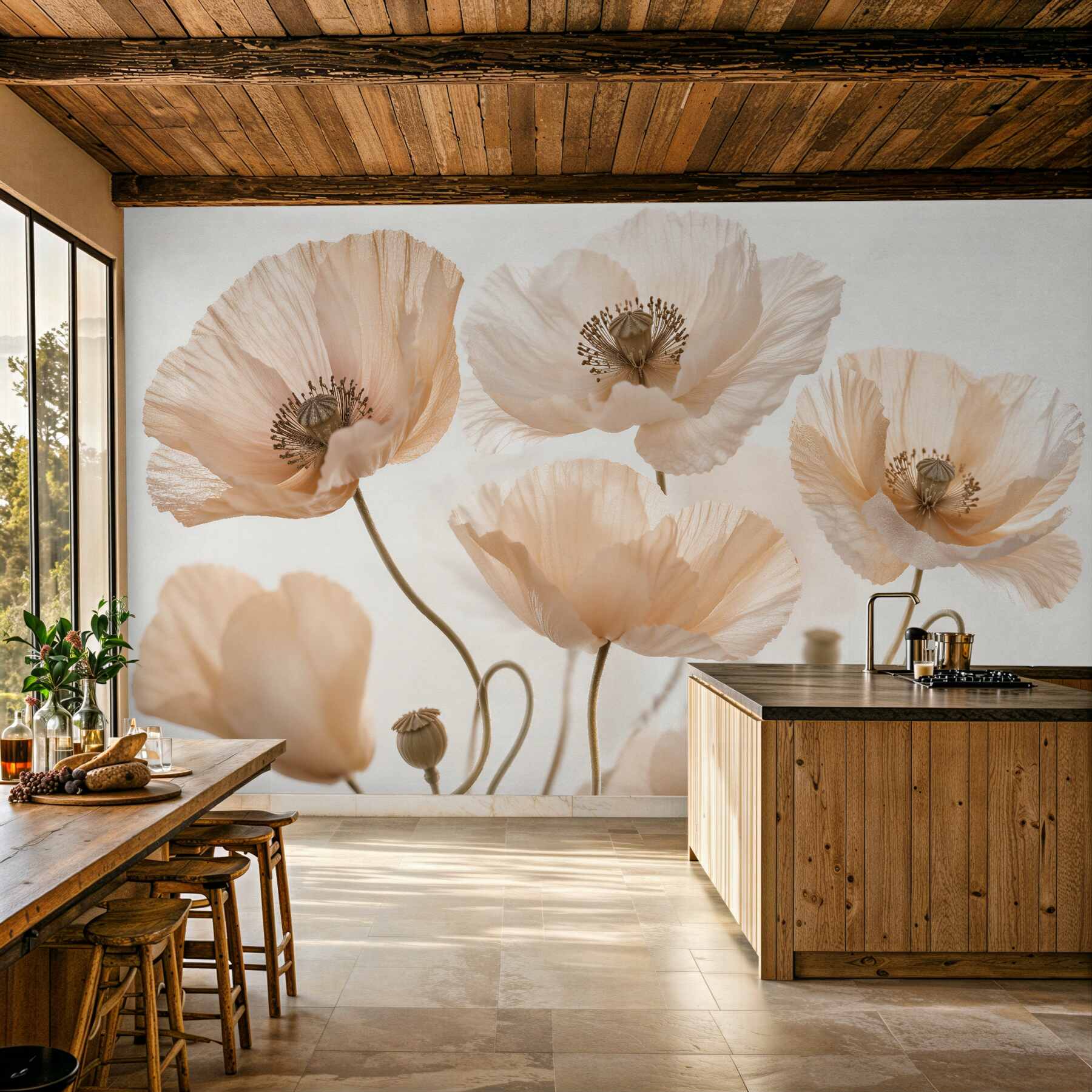 Fototapeten Luftige Mohnblumen in Beige