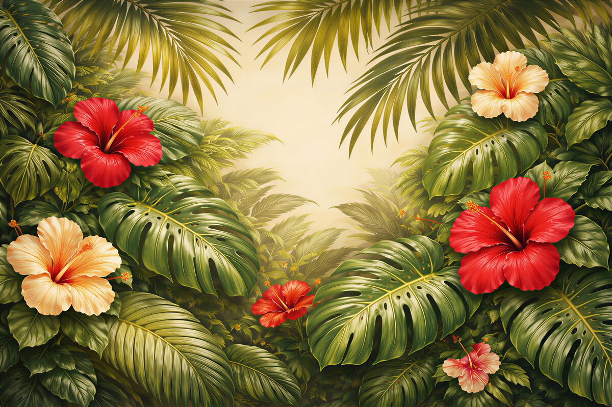Fototapeten Exotischer Dschungel mit Hibiskusblüten