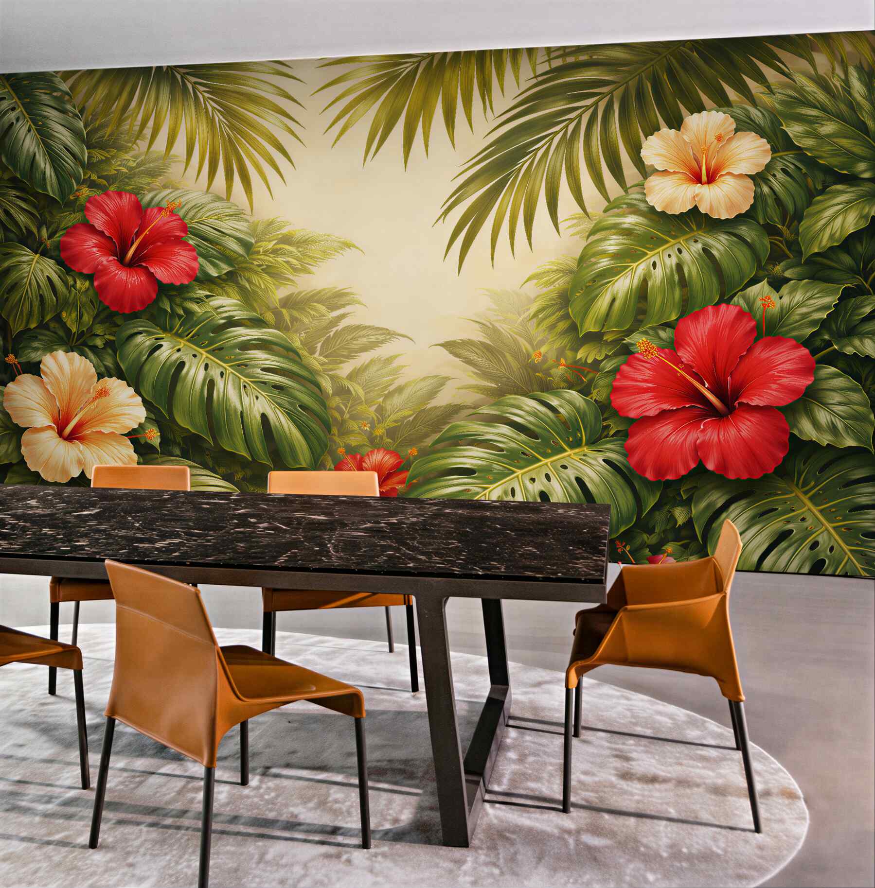 Fototapeten Exotischer Dschungel mit Hibiskusblüten