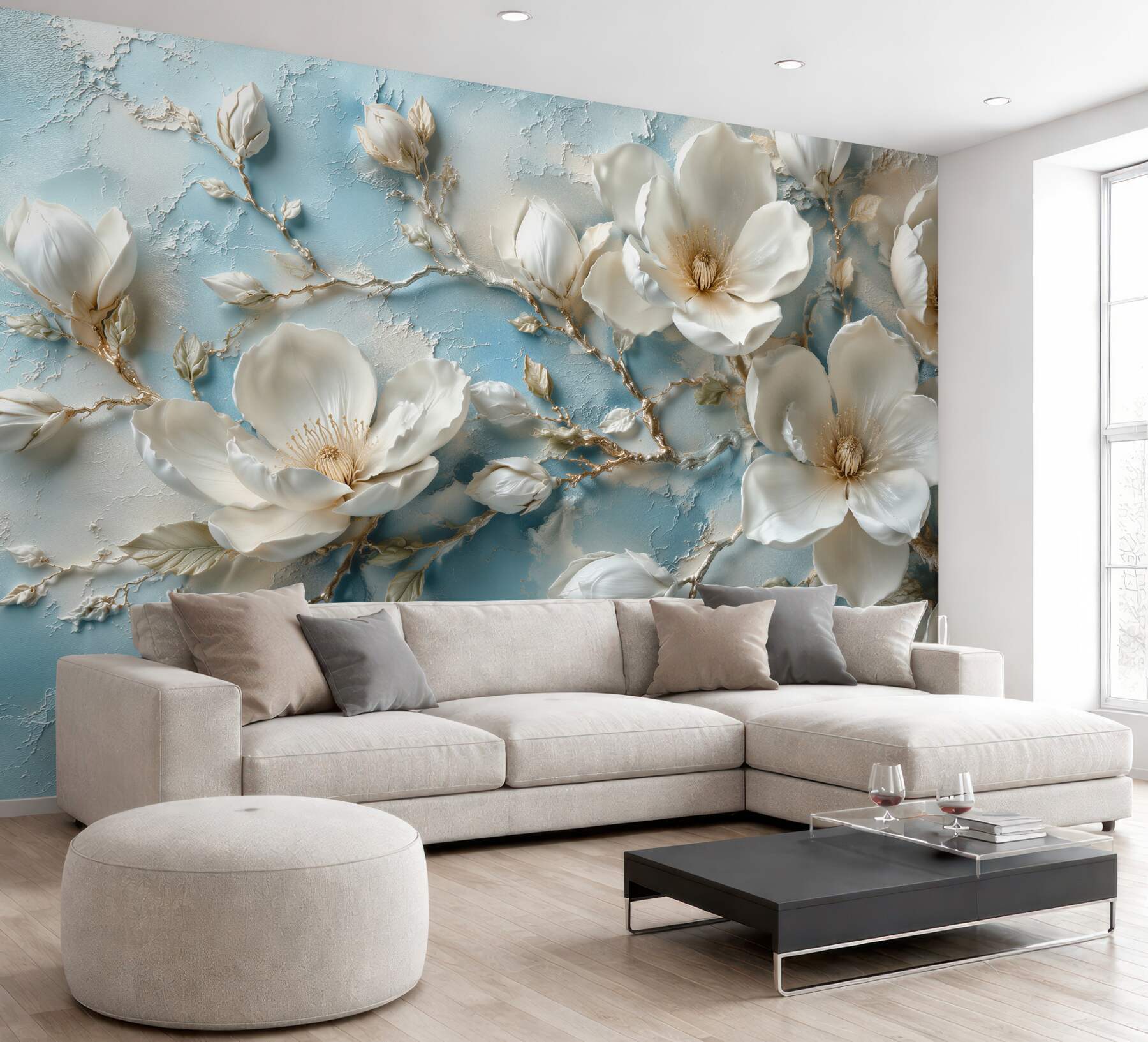 Fototapeten 3D-Magnolien auf hellblauem Hintergrund