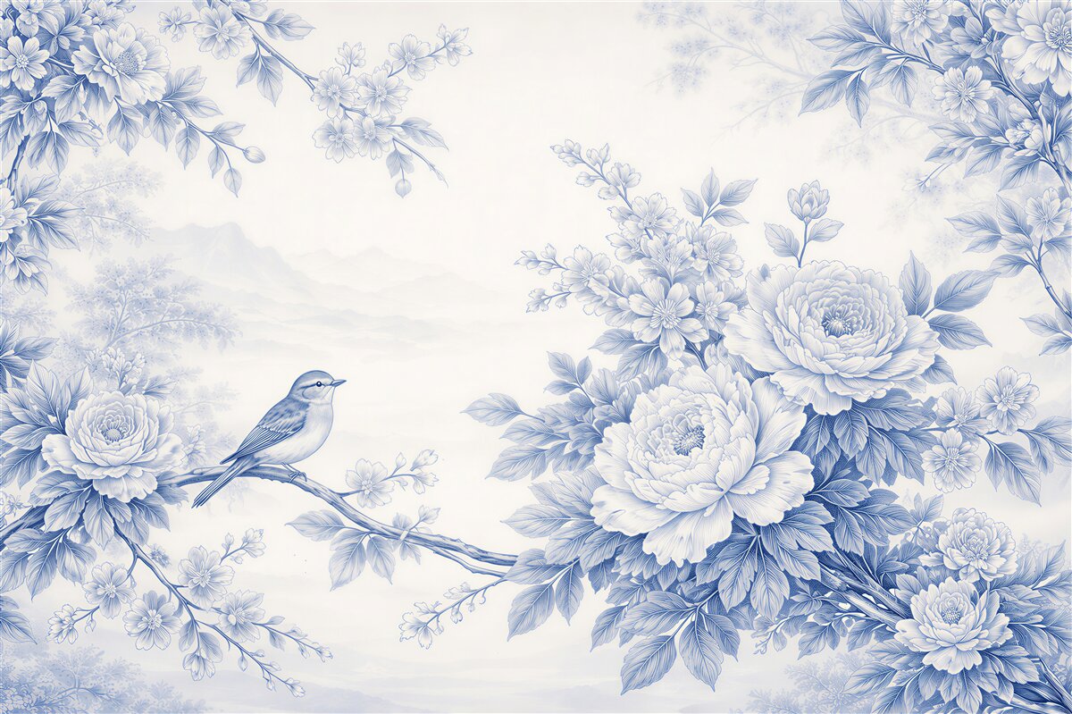 Fototapeten Blauer Vogel zwischen Pfingstrosen