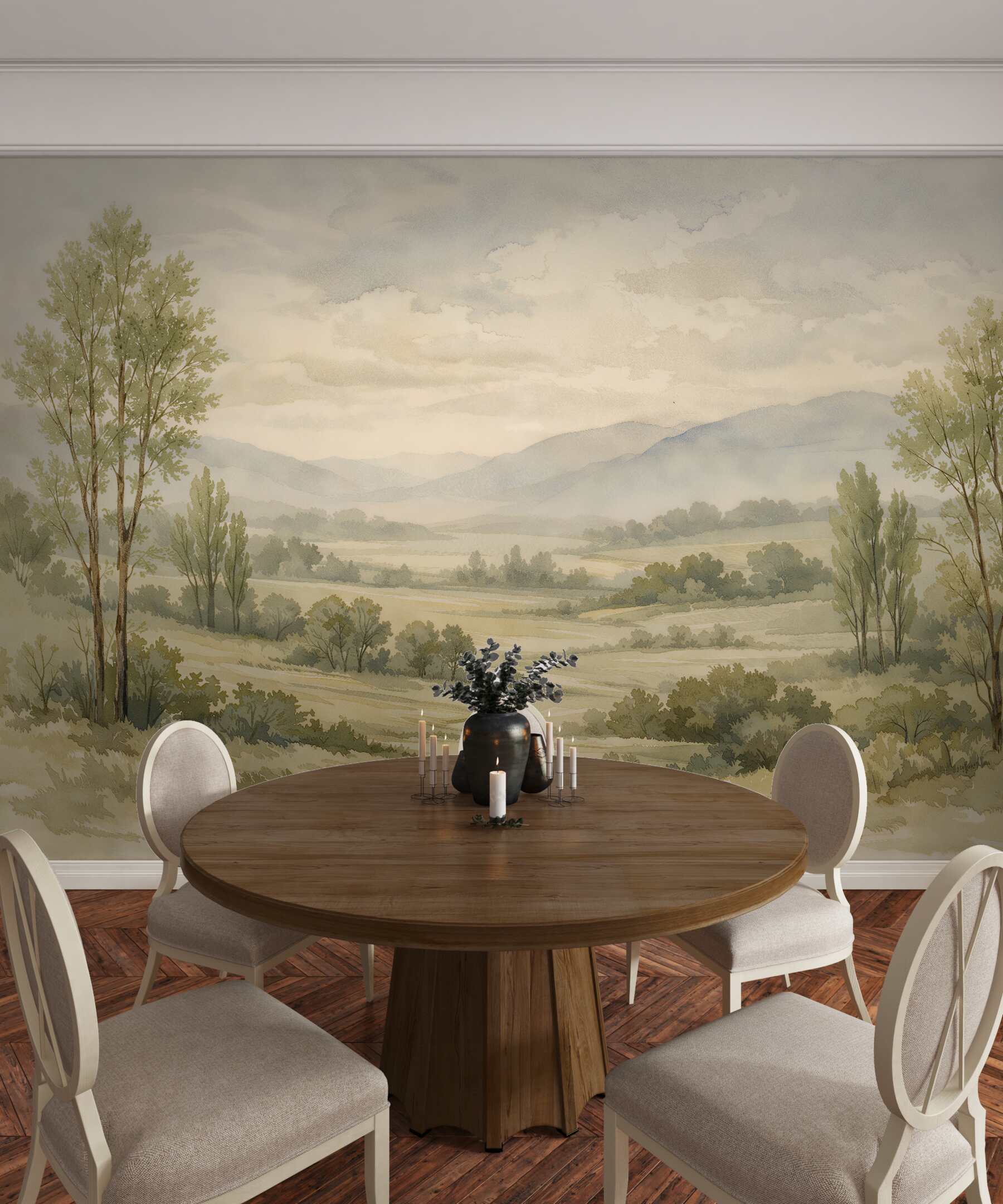 Fototapeten Aquarelllandschaft im pastelligen Nebel