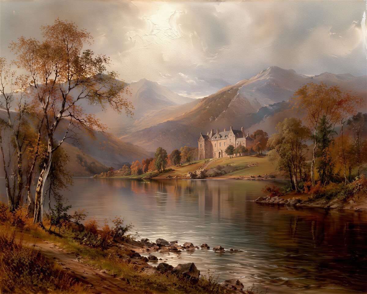 Fototapeten Herbstliches Schloss am Bergsee
